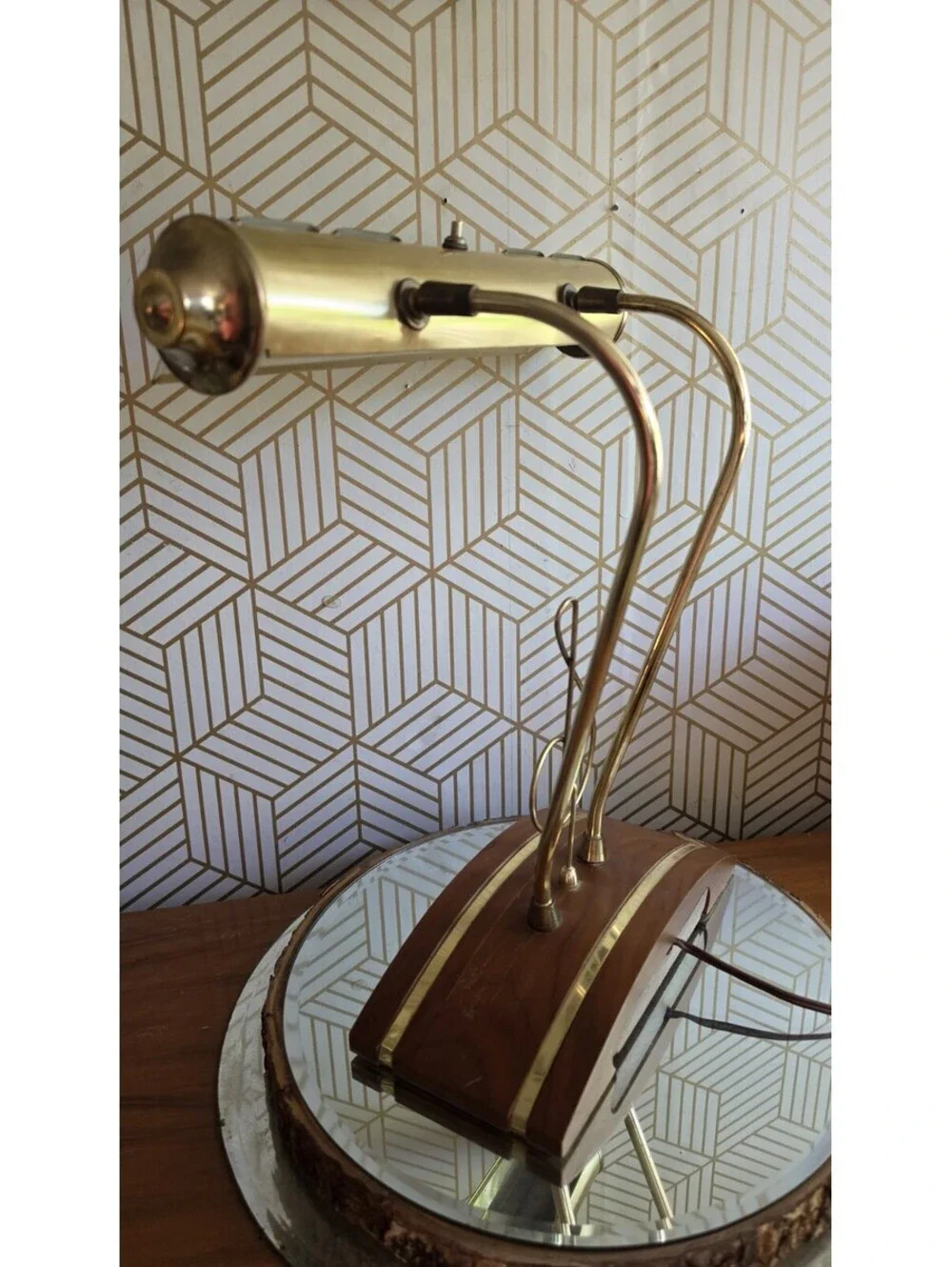 Vintage Large Brass Piano Lamp w Musical Note, Midcentury Wood Base, Wide Head